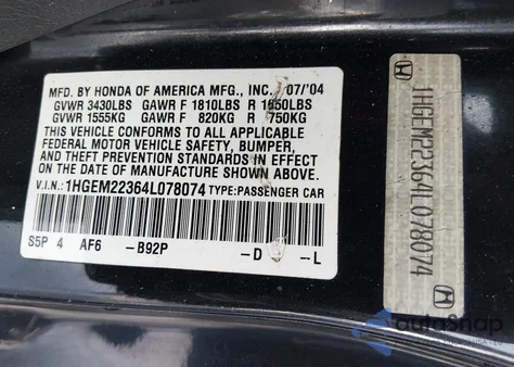 2004 Honda Civic Vp из США, поврежденный, VIN 1HGEM22364L078074